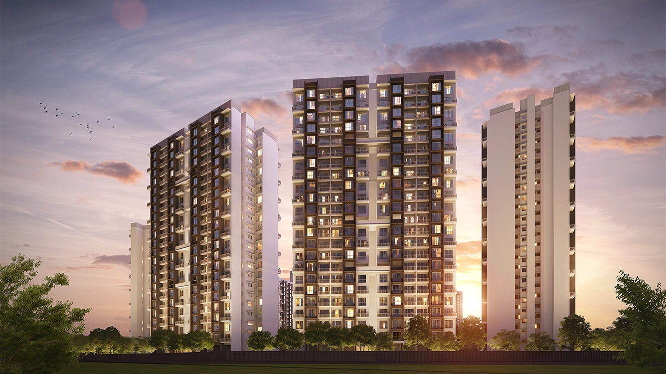 Godrej Forest Grove tower elevation at dusk, Mamurdi Pune